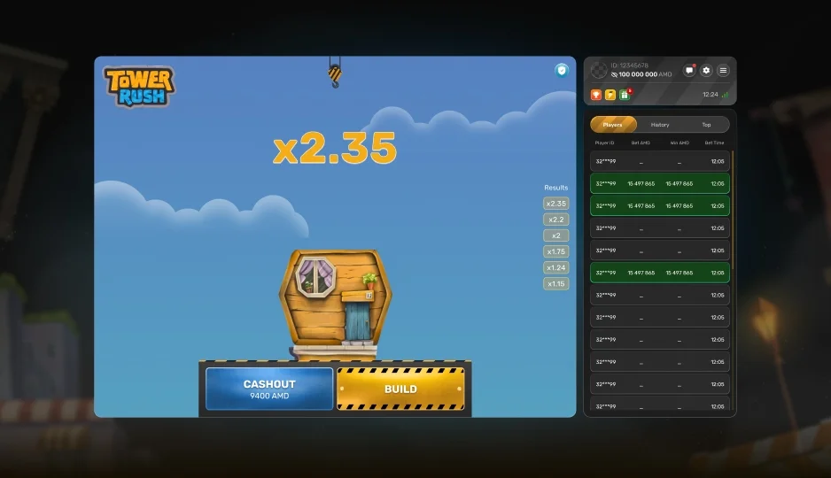Pulsante di cash out di Tower Rush con il moltiplicatore visibile