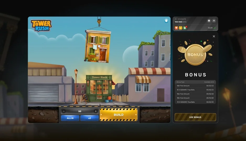 Comandi di puntata e pannello bonus nel client di Tower Rush
